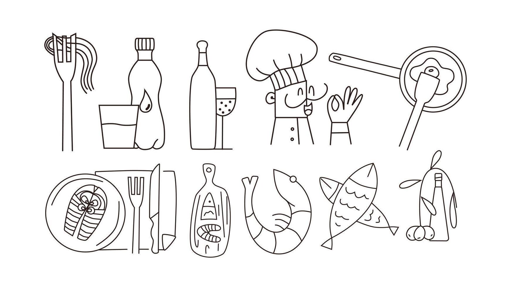 Set of food icons in line art style for menu, cafe, restaurant. vector