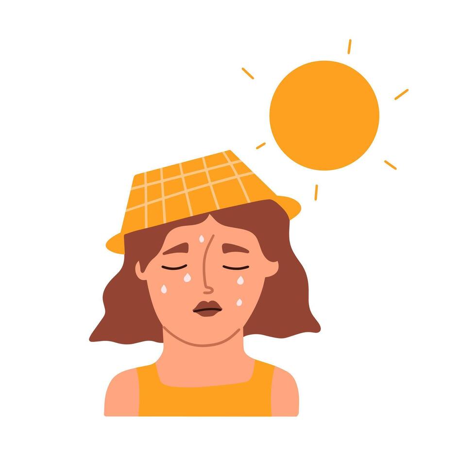 un joven mujer es sufrimiento desde insolación. un niña es experimentando síntomas de deshidración en un caliente día. vector ilustración en mano dibujado estilo.