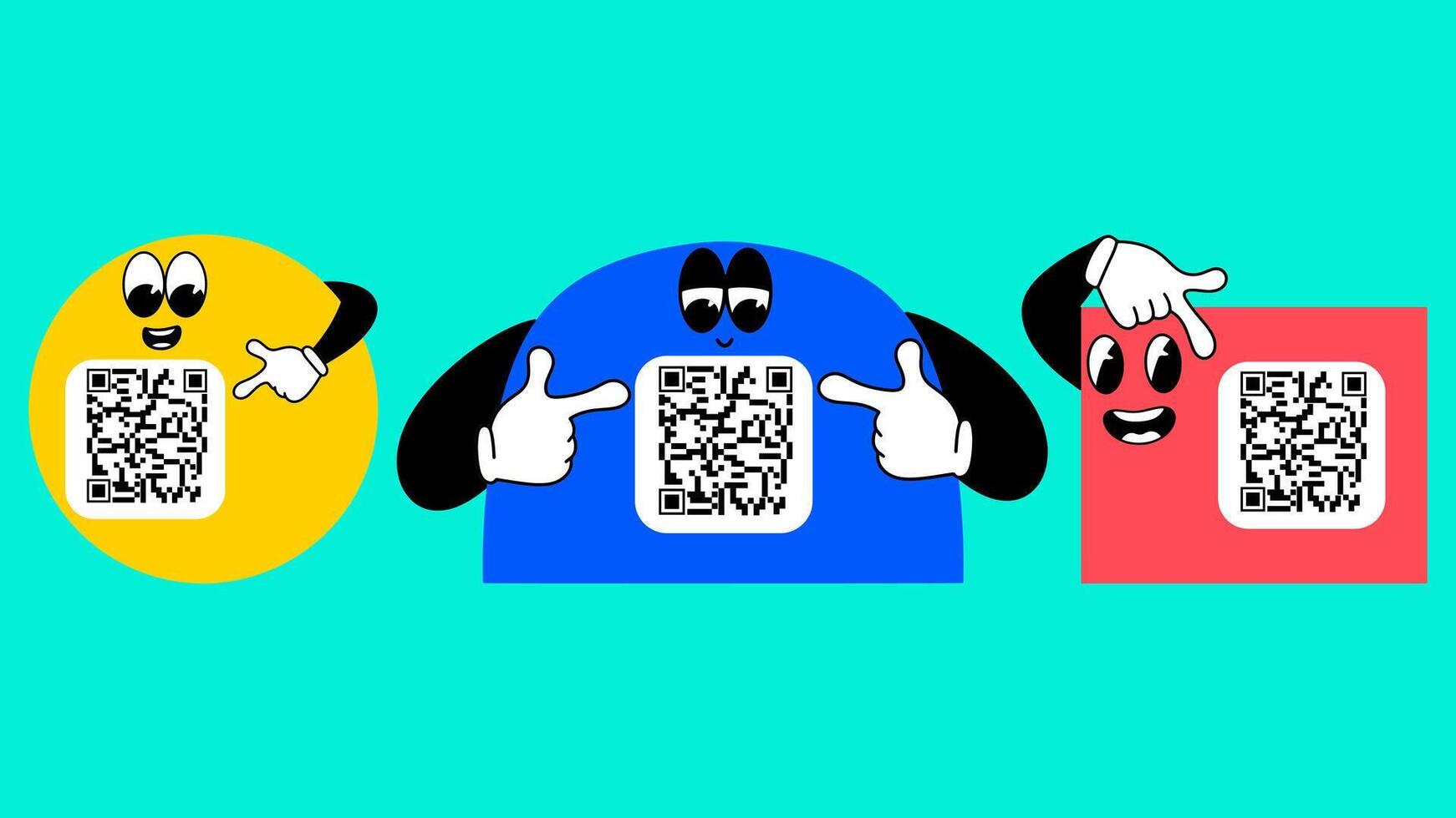 Cartoon character frames with space to add a QR code scan set. Vector illustration.