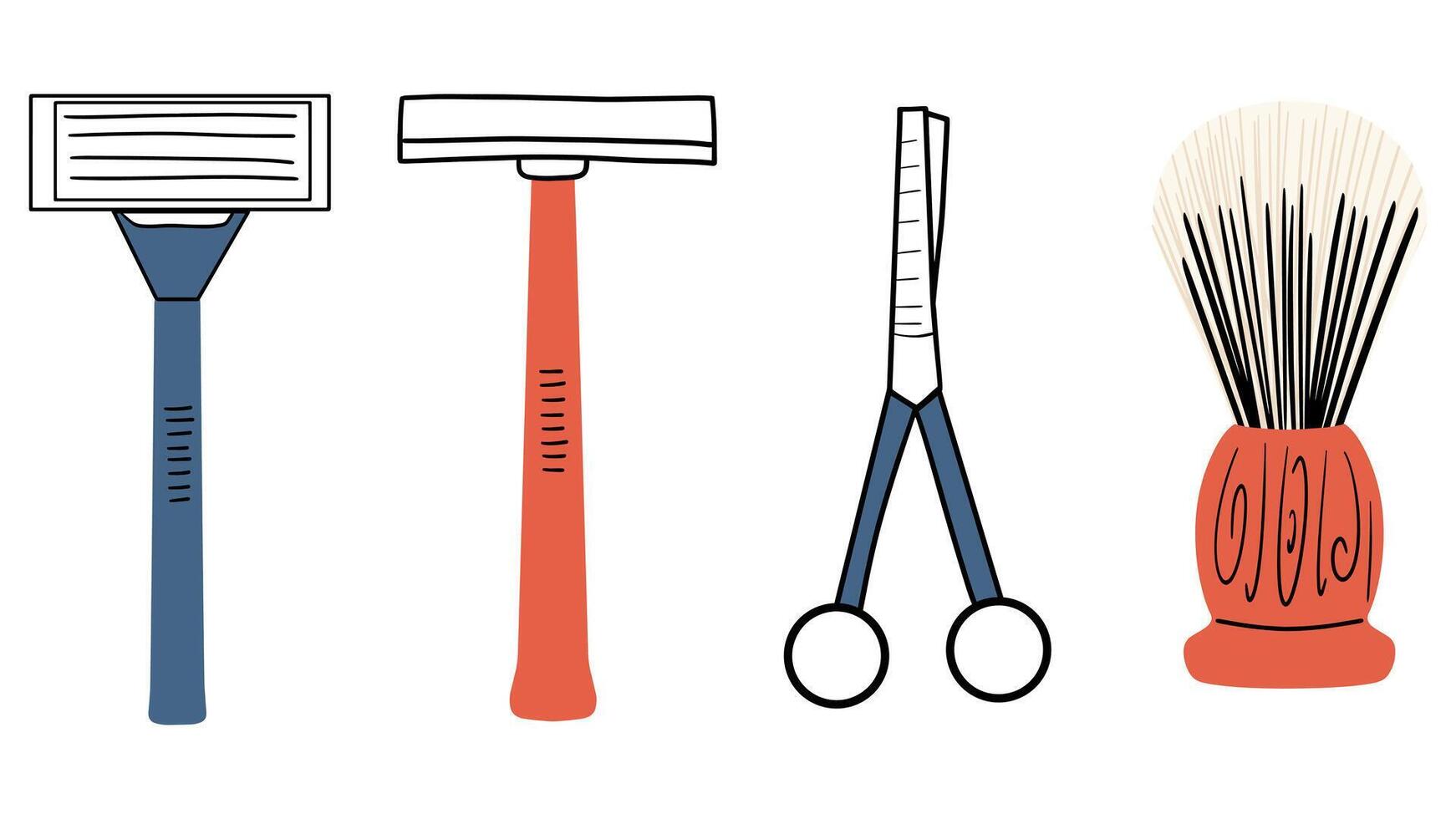 A set of men's shaving accessories.  Scissors, brush, razors. Vector illustration in hand drawn style