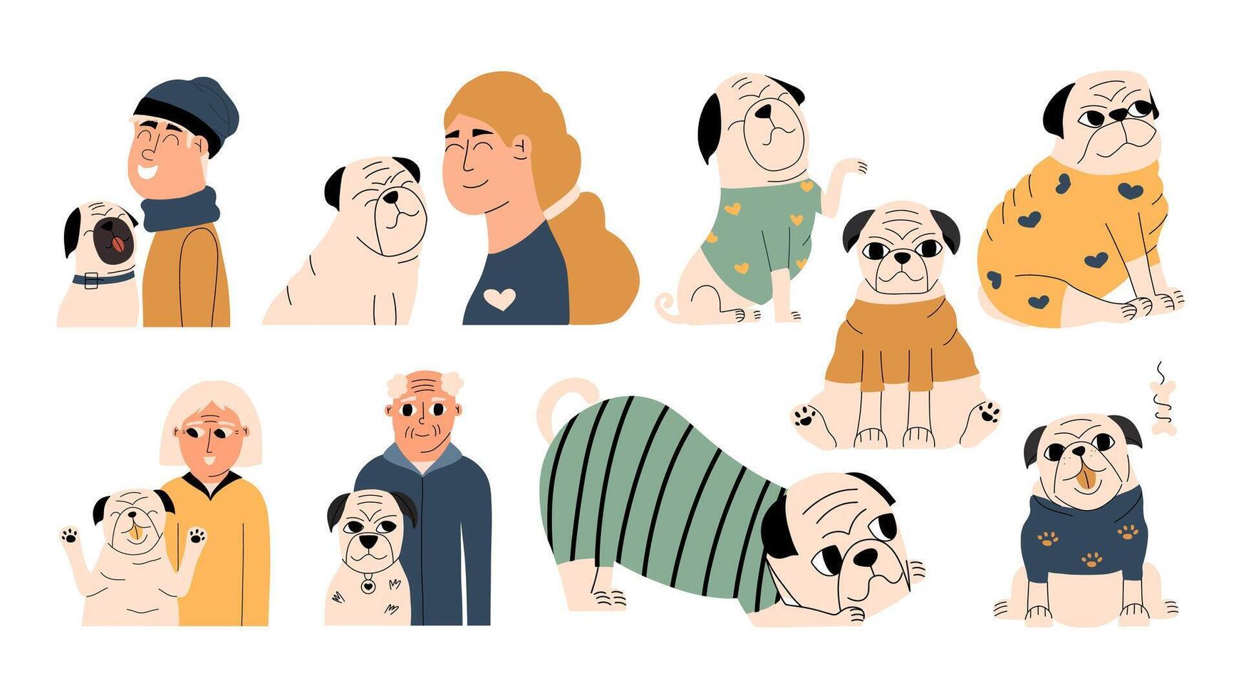 Set with a funny pug in clothes and different owners. Family with their pet. Vector illustration in flat style.