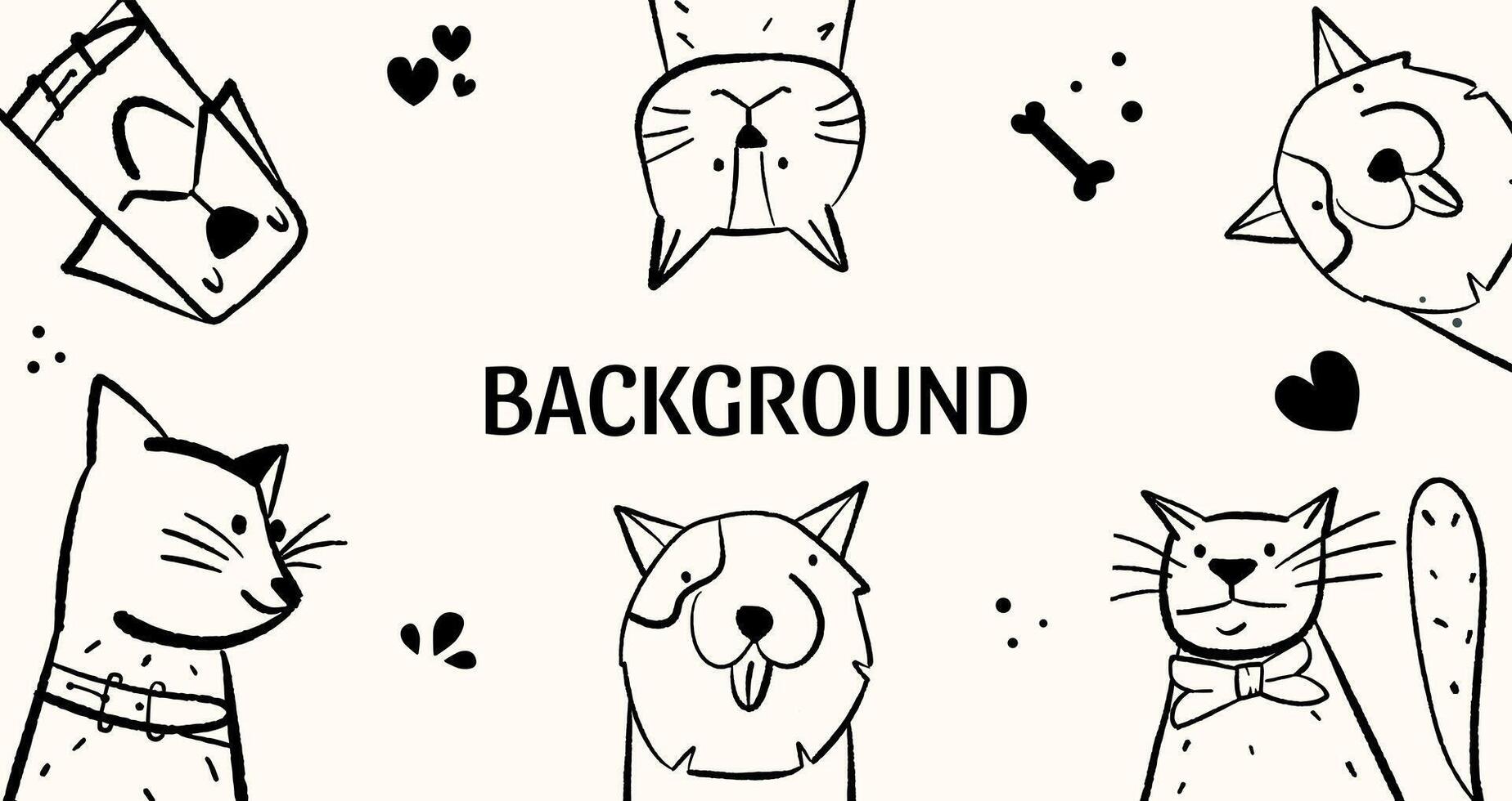 antecedentes con retratos de perros y gatos póster con gracioso mascotas. tarjeta con animales vector ilustración en garabatear estilo.