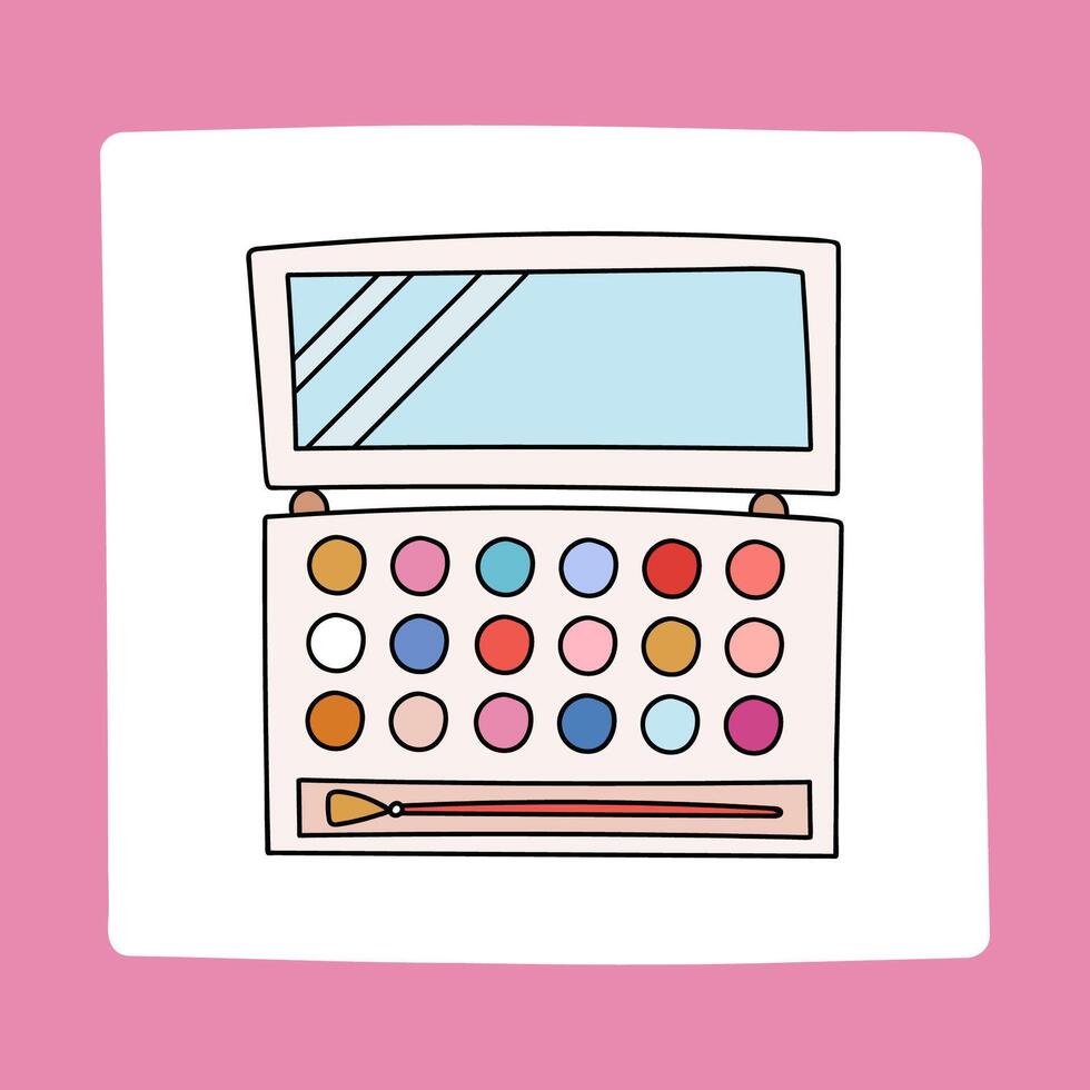 Cute colorful doodle of eyeshadow palette with brush and mirror. Cosmetic product for daily make up. Funny simple vector illustration for makeup with hand drawn outline isolated on background.