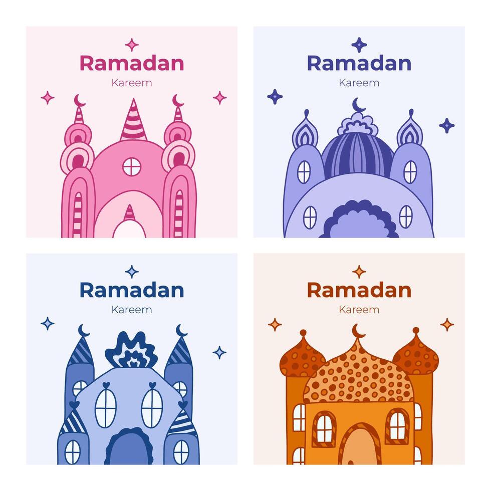 Set of posters for Ramadan Kareem in childish naive style. Islamic greeting card with mosque, moon crescent, stars in the sky. Template for banner, website design, media for Ramadan month events vector