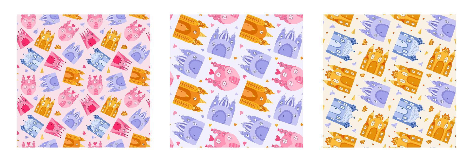 Set of cute simple seamless pattern with fairy tale castle for princess. Childish endless backdrop with magic house for wrapping paper, background, fabric, scrapbook. Cute hand drawn wallpaper print vector