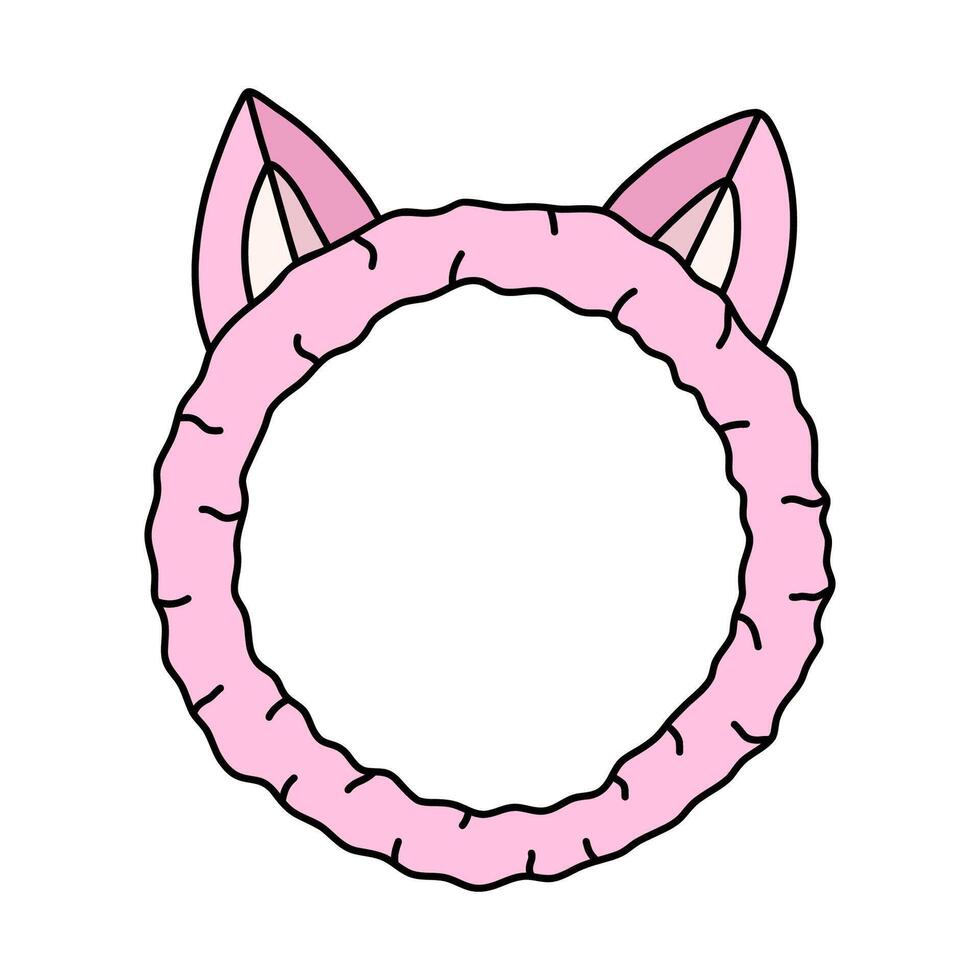 Cute fluffy headband with cat ears for taking shower, bath. Trendy cartoon hair hoop with kitty ears for skin care and face treatment. Simple funny doodle with hand drawn outline isolated on white. vector