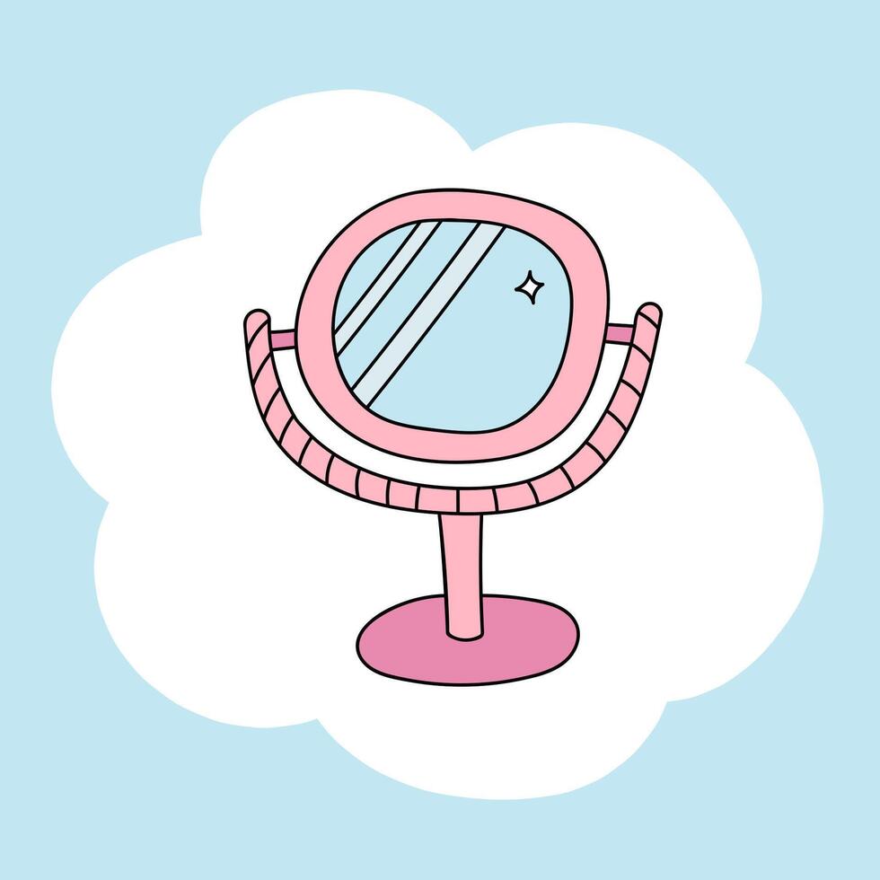 Cute colorful poster with makeup mirror on stand in the shape of cloud. Doodle of vanity table mirror with reflective glass for daily beauty procedure. Funny illustration with hand drawn outline. vector