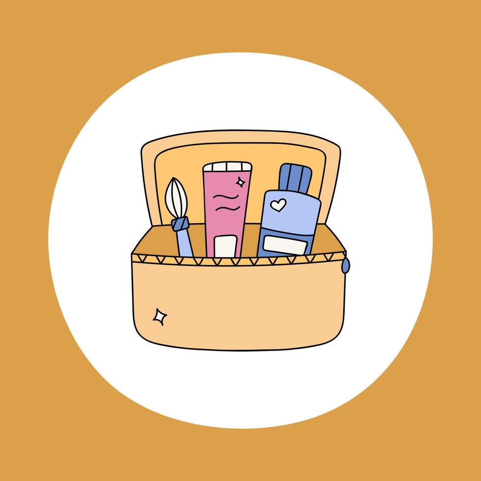 Cute doodle poster of opened cosmetic bag with makeup and skincare products in the round shape. Make up bag with brush, lipgloss and lotion. Vector illustration with hand drawn outline isolated.