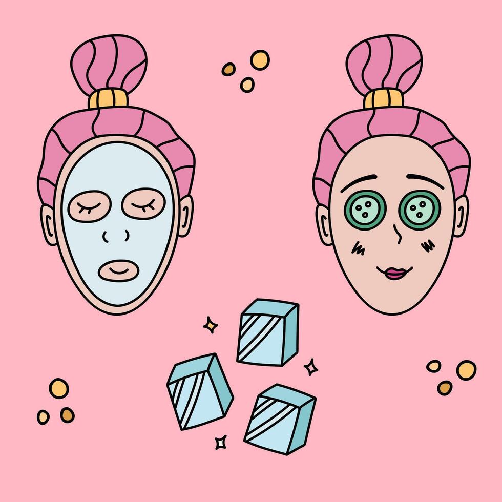 Cute doodle set with women making cosmetic procedures for skin care. Young girl with pink hair apply facial sheet mask and put cucumber on eyes. Vector illustration with hand drawn outline.