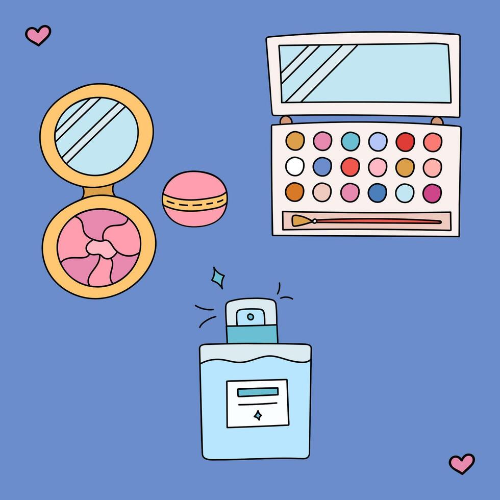 Cute doodle set with cosmetic products for daily make up. Face powder, eyeshadow palette, perfume in the bottle. Vector illustration with hand drawn outline isolated on background.
