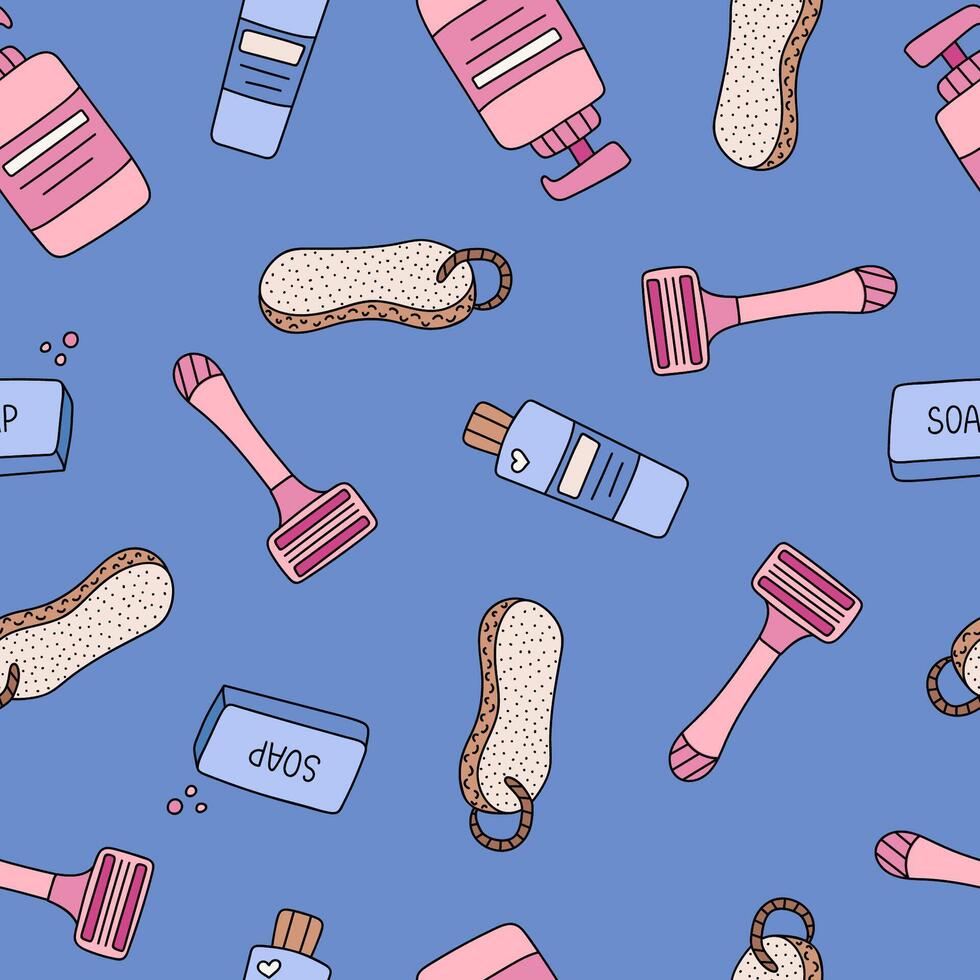 Cute simple seamless pattern with shampoo, cream, razor, pumice, bath sponge. Endless backdrop with doodle of hygiene items, shower accessories for wrapping paper, background, fabric, scrapbook vector