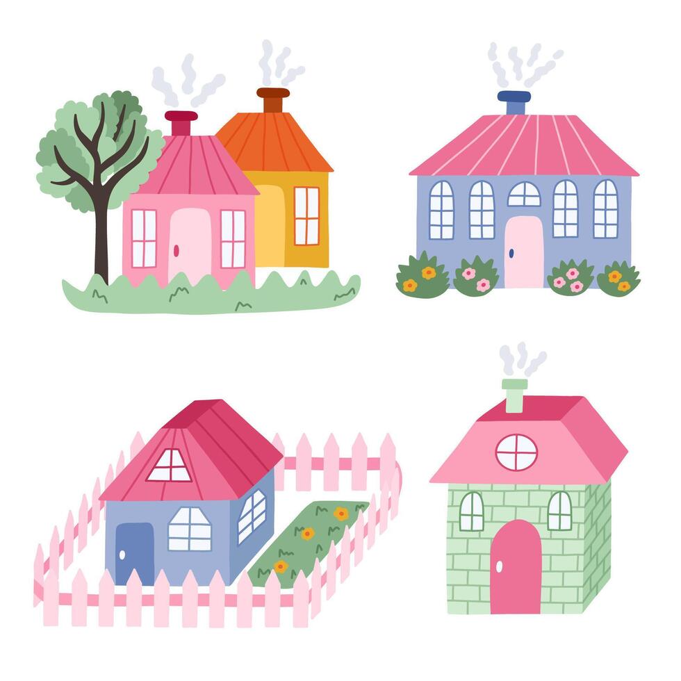 Set of cute hand drawn country house with window, chimney. Cozy village hutches with tree, fence, flowers for kid's bedroom or nursery design. Exterior of home, village buildings, countryside home vector