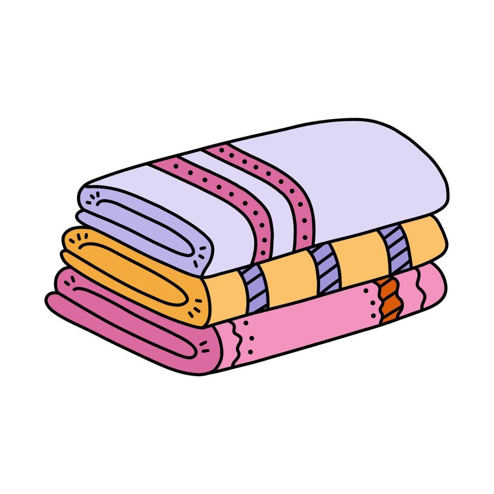 Cute hand drawn stack of folded towels for shower and bathe. Bath rolled towels from fabric and microfiber, bathroom textile, hygiene accessory. Simple funny doodle with hand drawn outline. vector