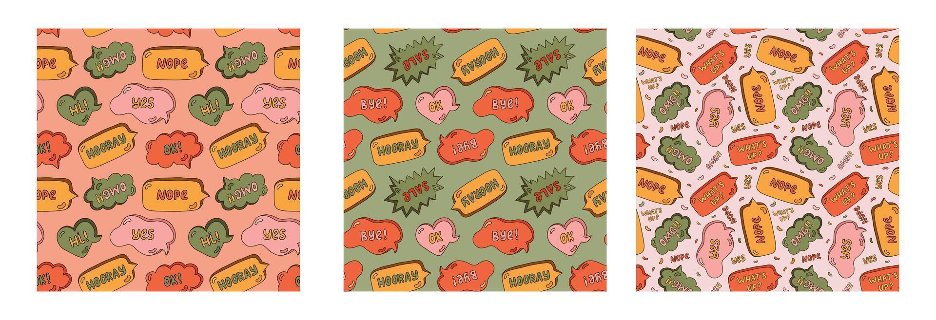 Set of cute seamless pattern with speech bubble with short messages. Backdrop with doodle chat clouds with handwritten talk phrases in different shapes. Background for design template in groovy style vector