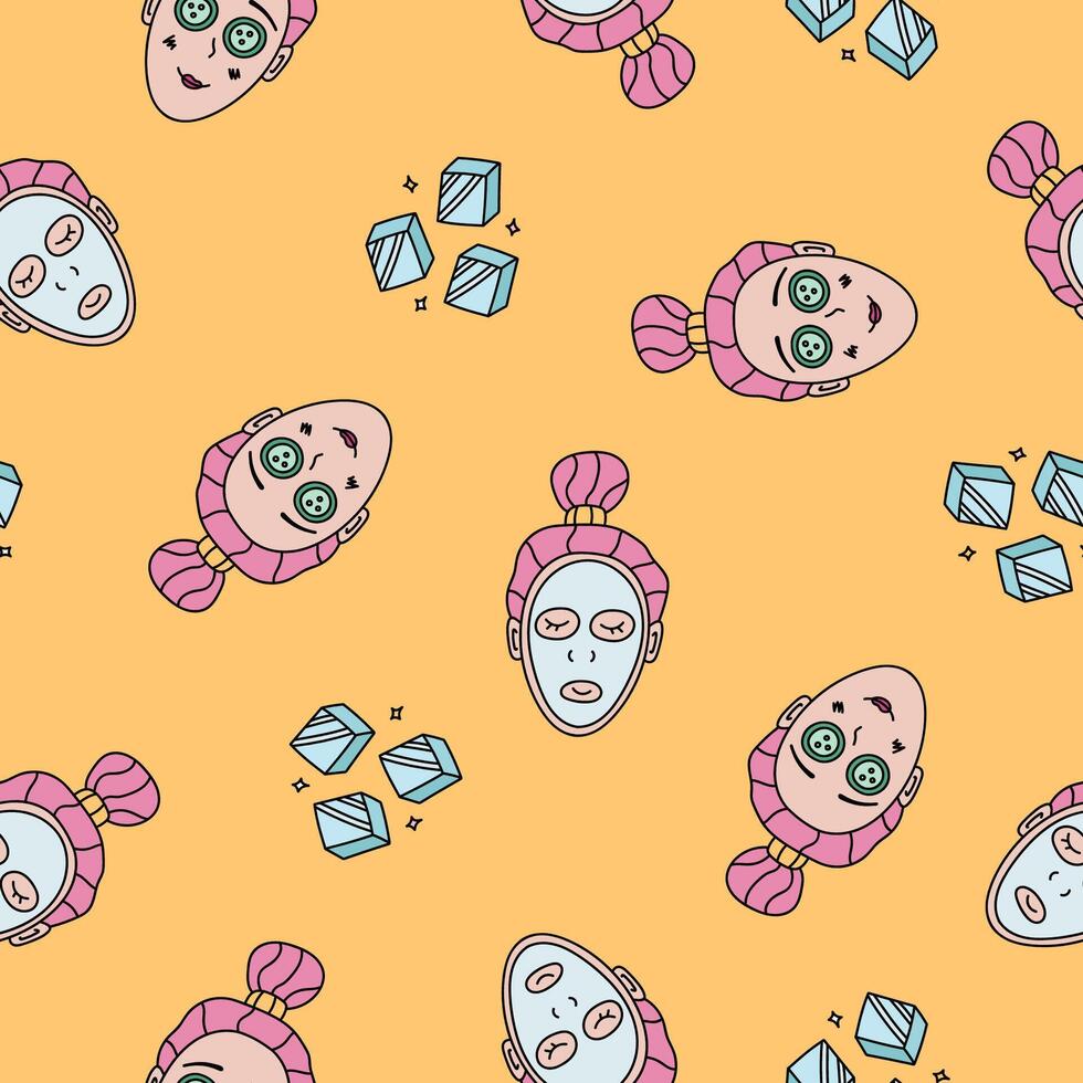 Cute simple seamless pattern with women making cosmetic procedures for skin care. Endless backdrop with woman with pink hair for wrapping paper, background, fabric, scrapbook. Hand drawn doodle vector