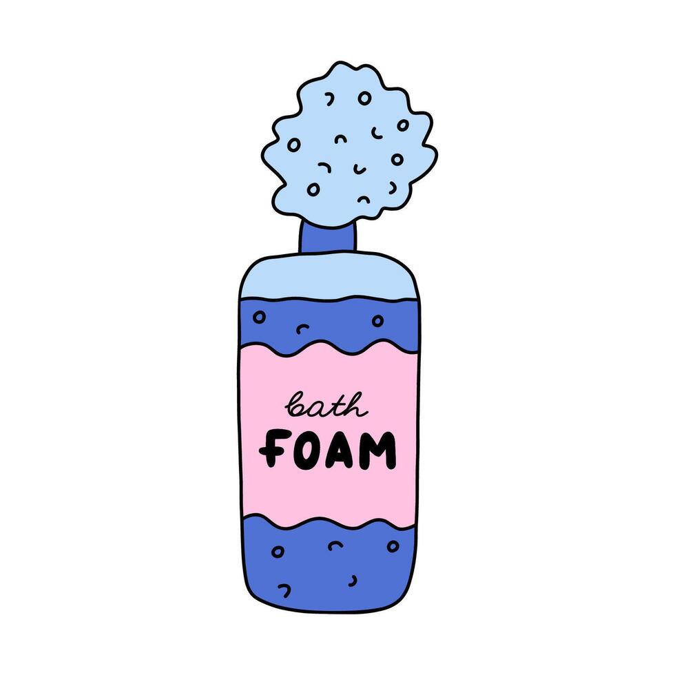 Cute doodle bottle of bath foam shampoo. Blue bath and shower cosmetic for aromatic bathe with bubbles. Plastic bottle of foam for relaxation. Simple clipart with hand drawn outline isolated on white. vector