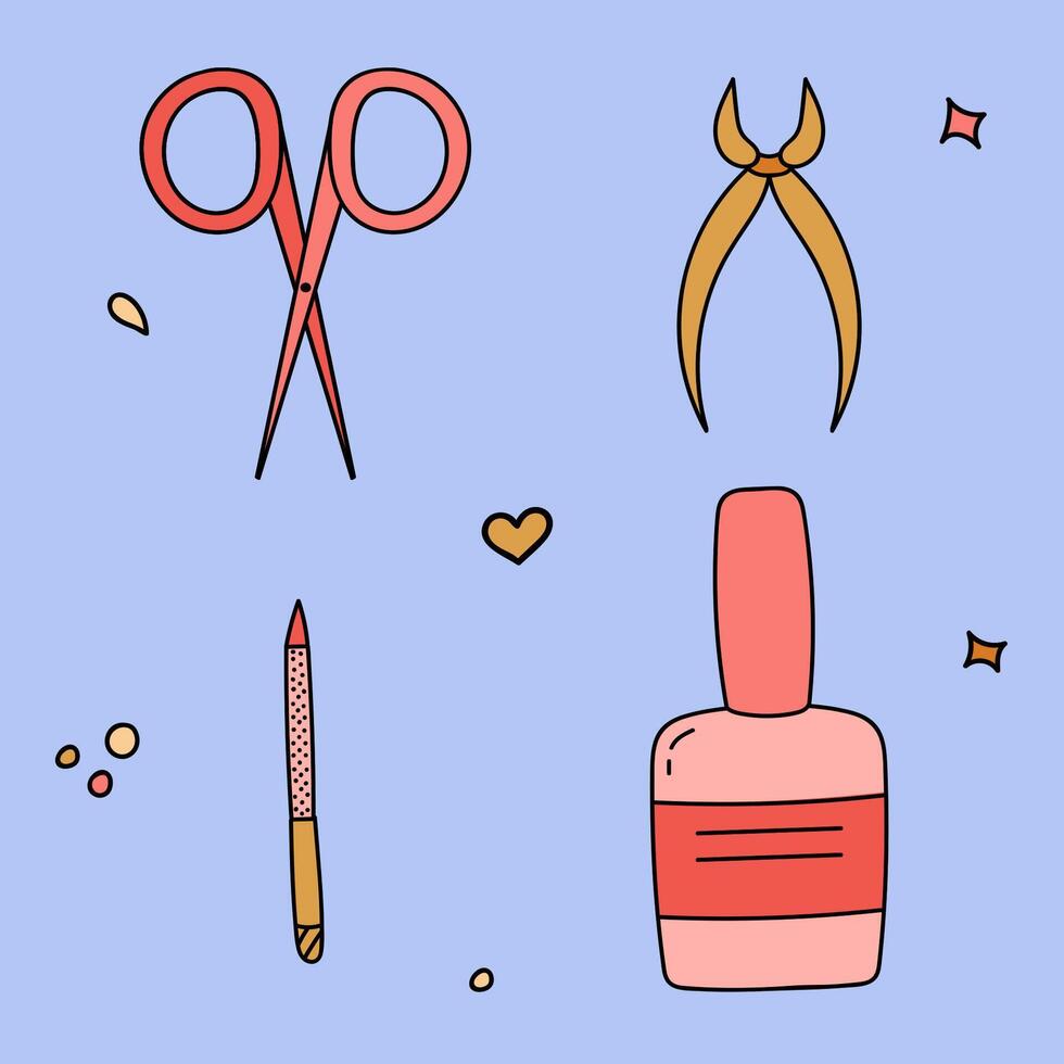 Cute doodle set with nail care accessories and products for manicure and pedicure. Simple and funny clipart of ail polish, scissors, nail file, tweezers. Vector illustration with hand drawn outline.