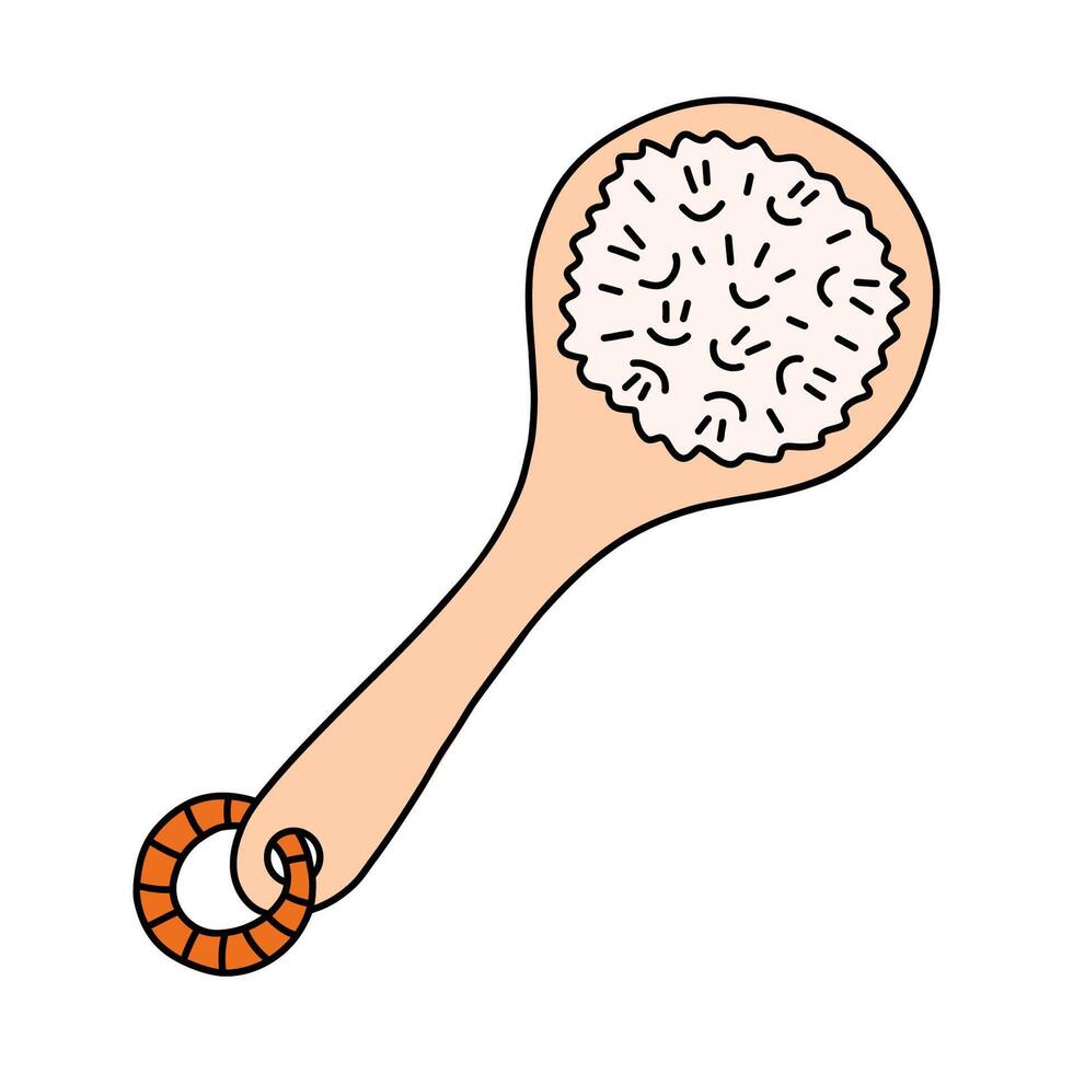 Cute doodle of wooden brush for anti cellulite massage, body and skin care. Natural tool for peeling, scrub and home spa procedure. Simple funny clipart with hand drawn outline isolated on white. vector