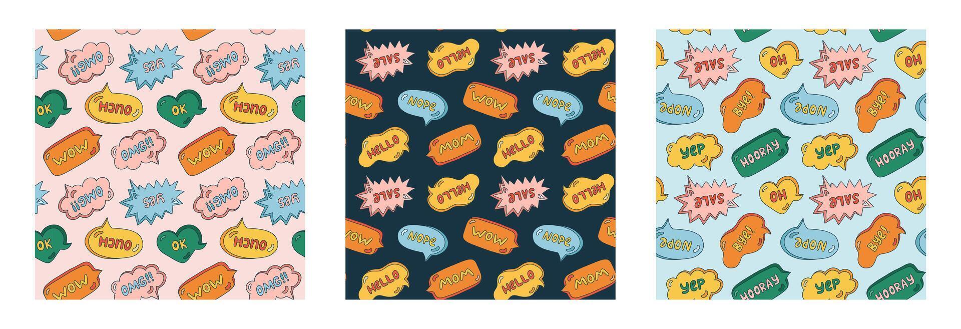 Set of cute seamless pattern with speech bubble with short messages. Backdrop with doodle chat clouds with handwritten talk phrases in different shapes. Background for design template in groovy style vector