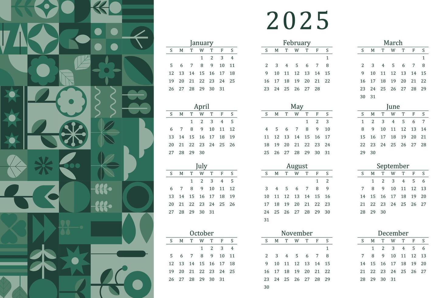 calendario 2025 moderno Bauhaus semana comenzando en domingo Listo vector