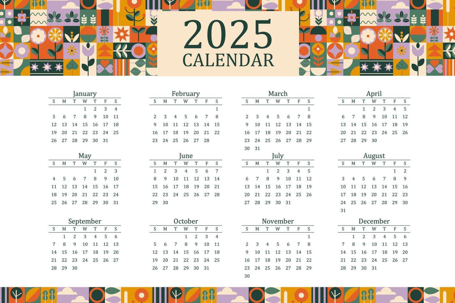 calendario 2025 Bauhaus semana comenzando en domingo Listo vector