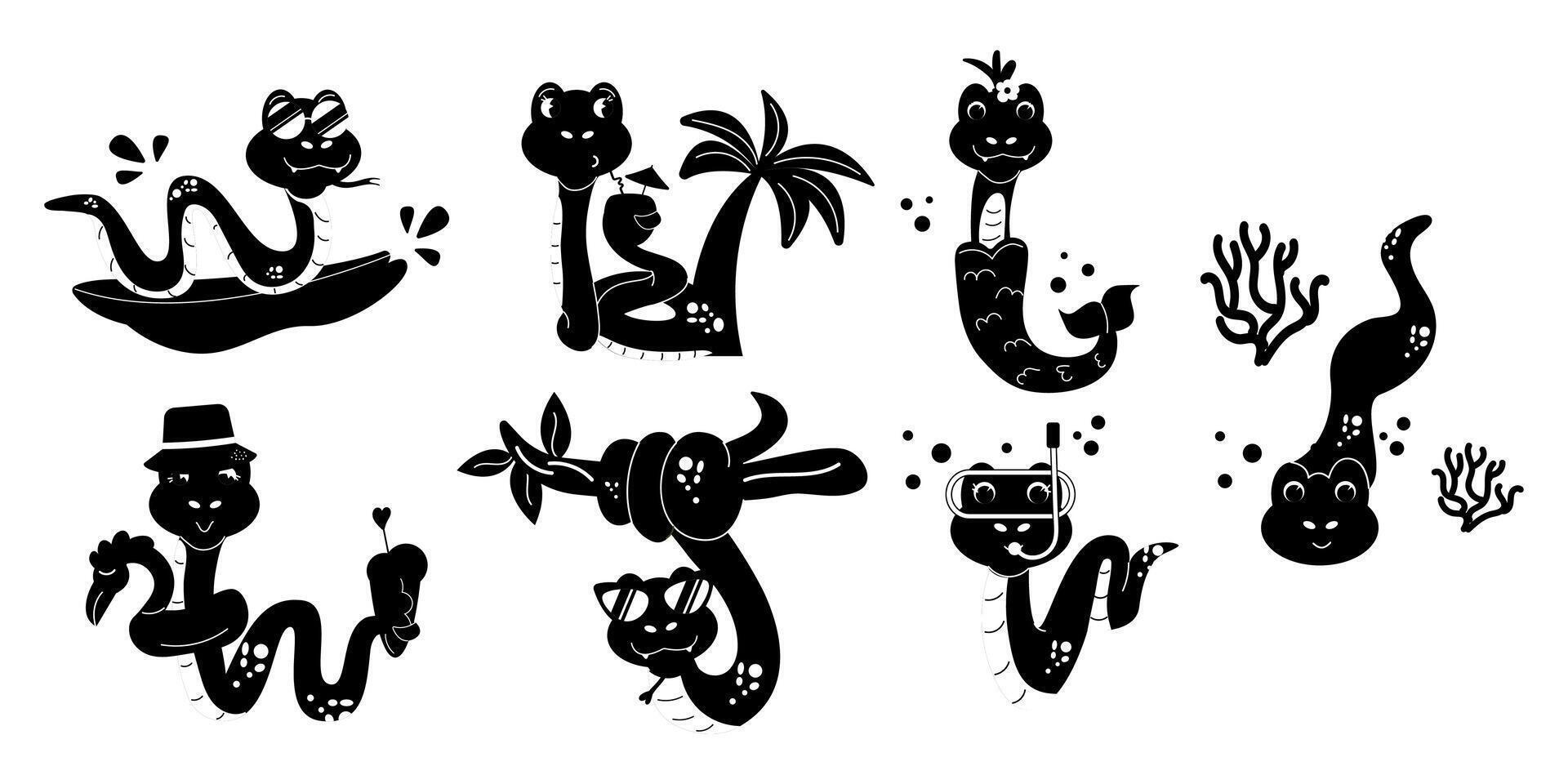 Set cartoon silhouette character summer snake hand drawn vector
