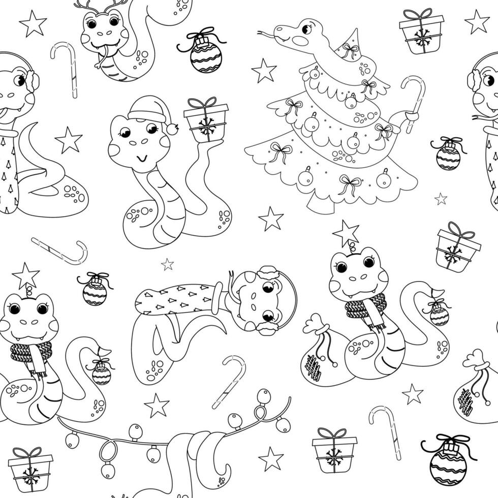 Seamless pattern outline cartoon color book character christmas snake vector