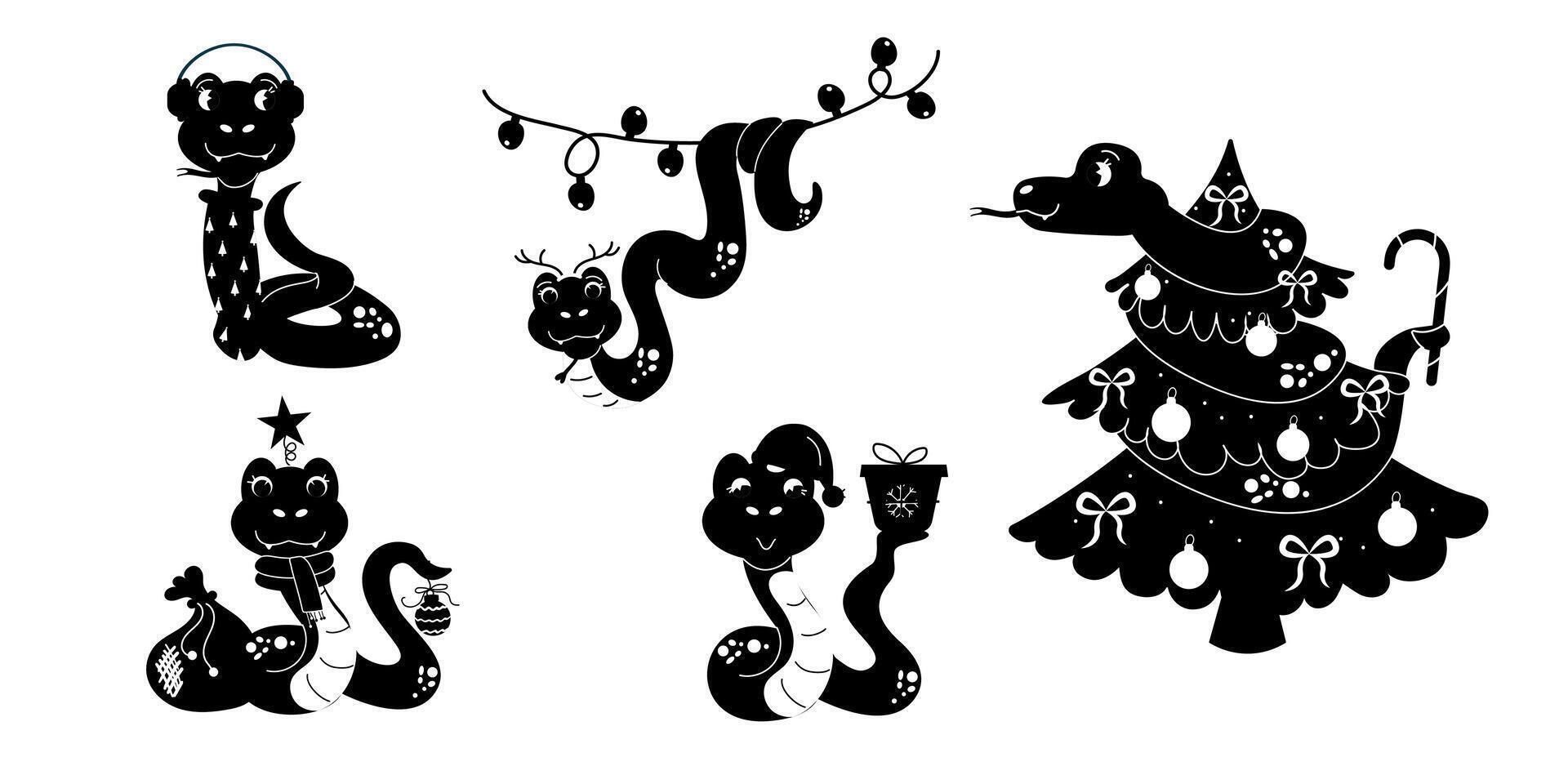 Set cartoon silhouette character christmas snake hand drawn vector