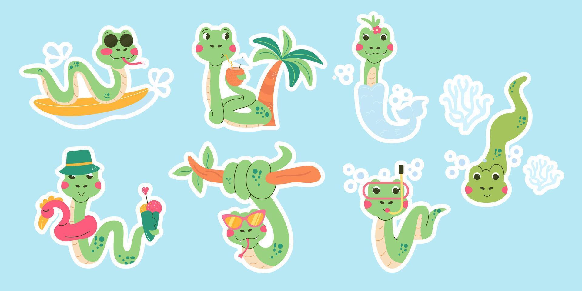Set cartoon sticker character summer snake hand drawn vector