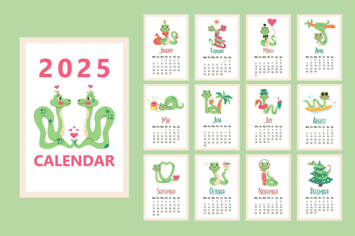 Flat 2025 calendar template snake character. Year of the Snake vector