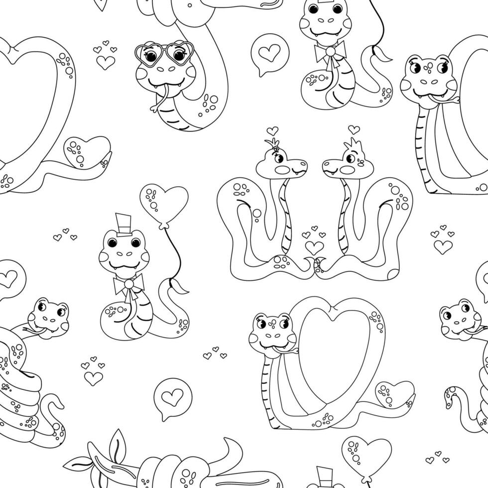 Seamless pattern outline color book cartoon character Valentines day snake vector