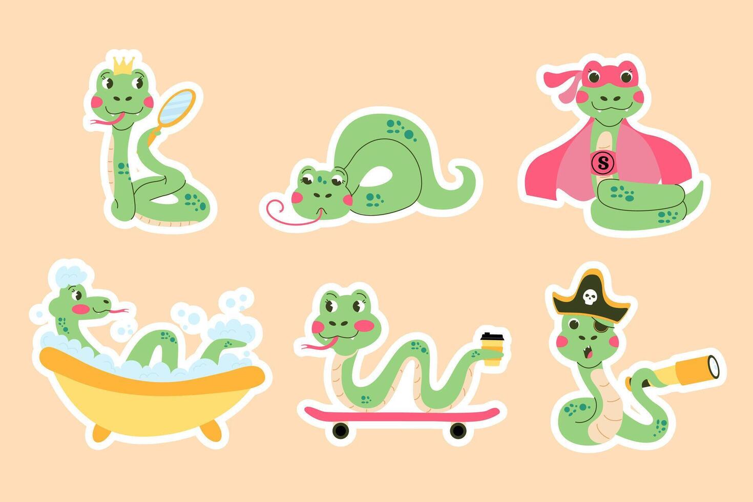 conjunto linda dibujos animados pegatina personaje serpiente mano dibujado vector