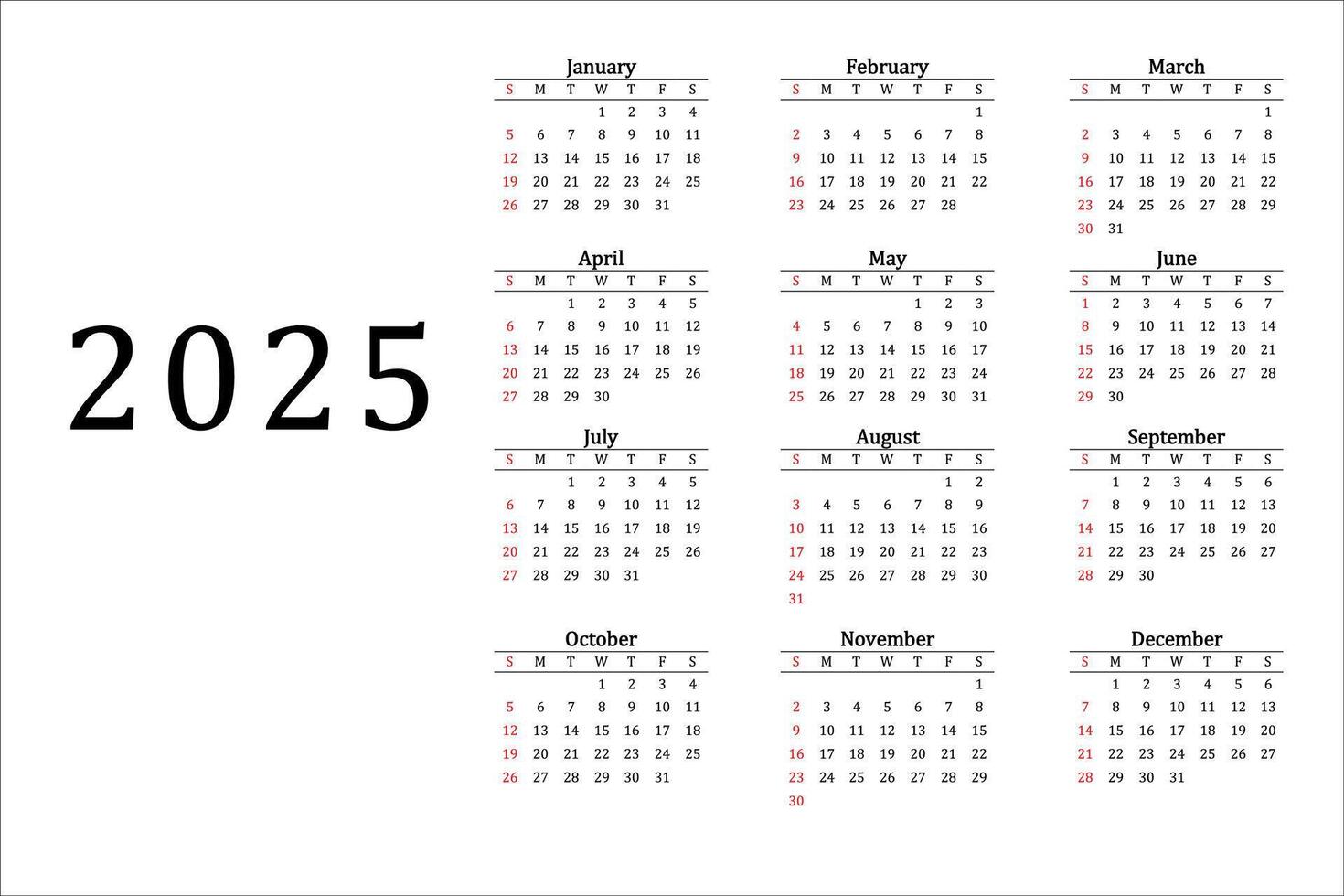 Calendar 2025 in black and white week starting on sunday ready vector