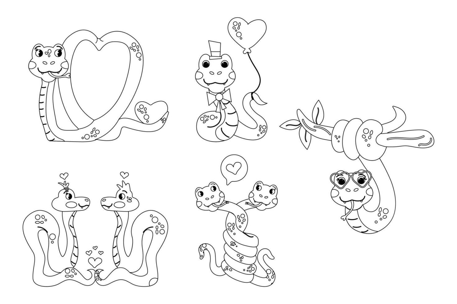 Set cartoon color book character Valentines day snake hand drawn vector