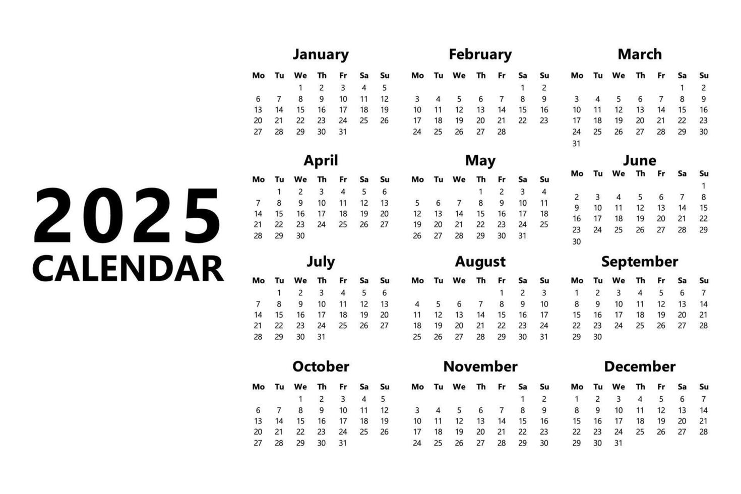 vertical calendario 2025 en negro y blanco. mínimo estilo nuevo año vector