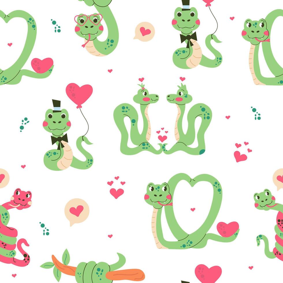 Seamless pattern cartoon character Valentines day snake hand drawn vector