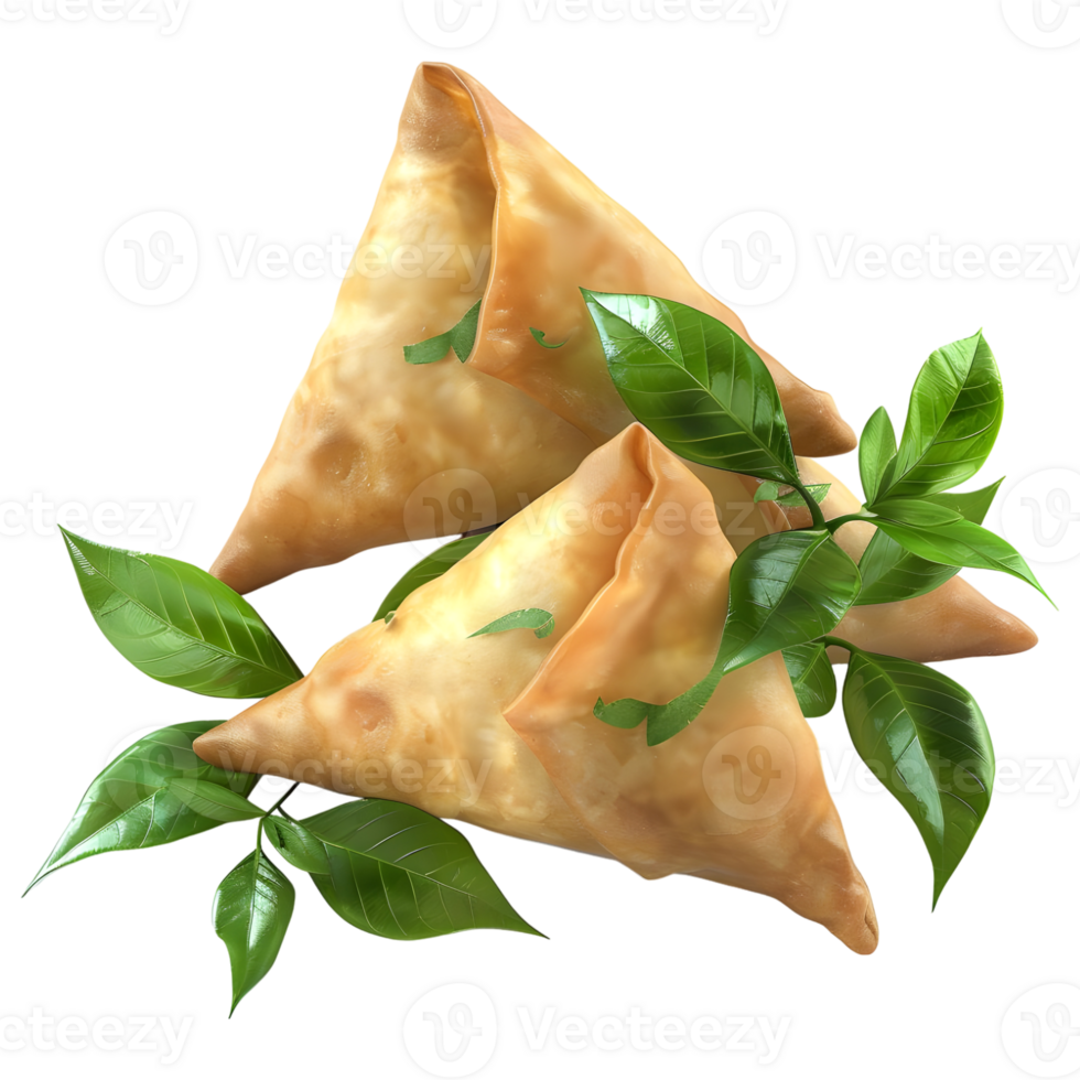 AI generated 3D Rendering of a Samosa With Leaves on Transparent Background - Ai Generated png