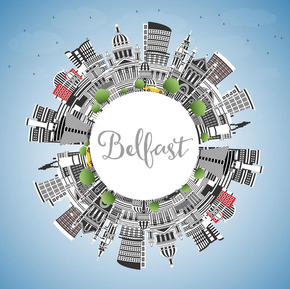 Belfast Northern Ireland City Skyline with Color Buildings, Blue Sky and Copy Space. Belfast Cityscape with Landmarks. Travel and Tourism Concept with Historic Architecture. vector
