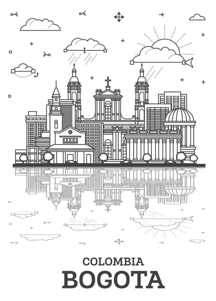 Outline Bogota Colombia City Skyline with Historic Buildings and reflections Isolated on White. Illustration. Bogota Cityscape with Landmarks. vector