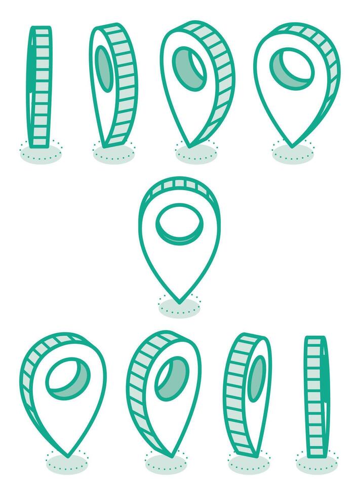 Isometric map pointers. Set in various angles. Map pointer 3d pin. Location symbols. Outline objects. vector