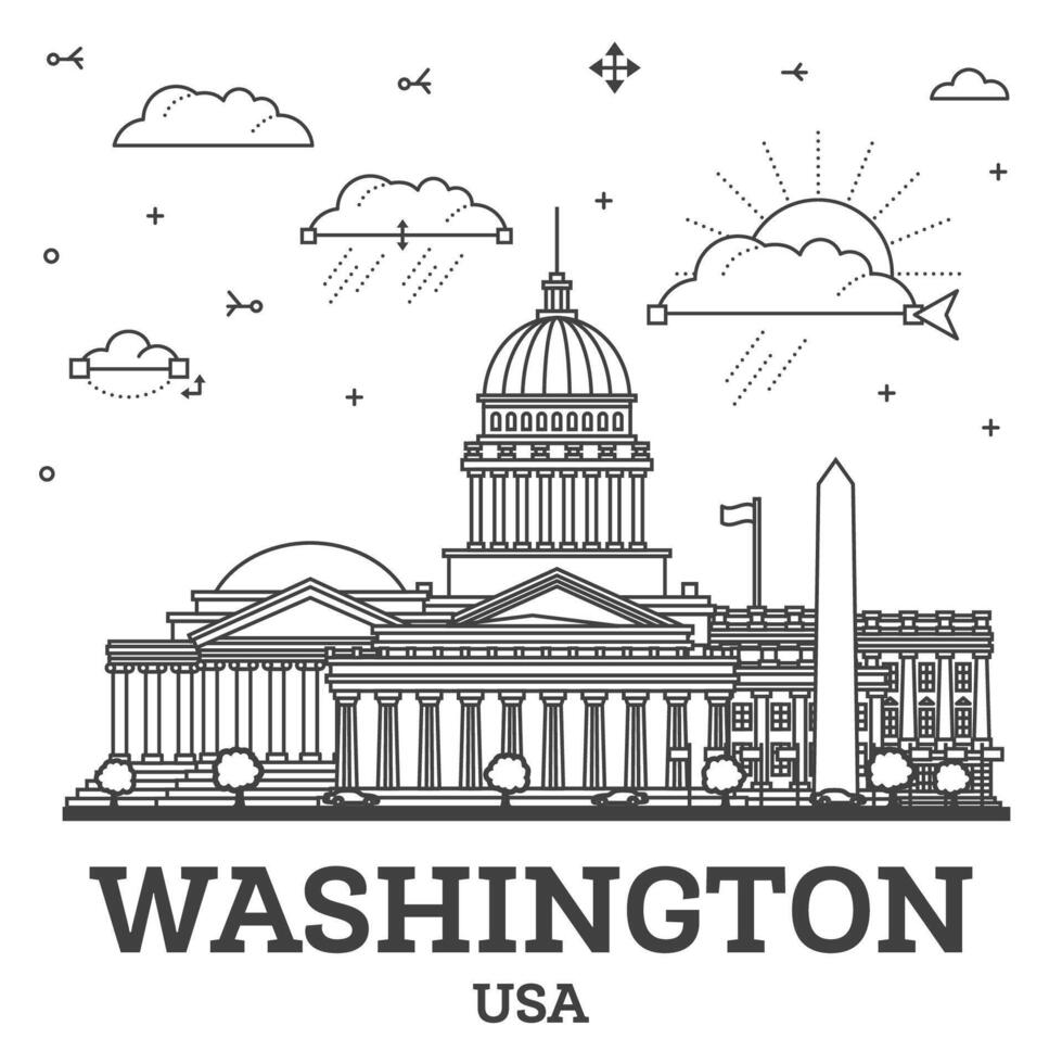 Outline Washington DC USA City Skyline with Modern Buildings Isolated on White. Illustration. Washington DC Cityscape with Landmarks. vector