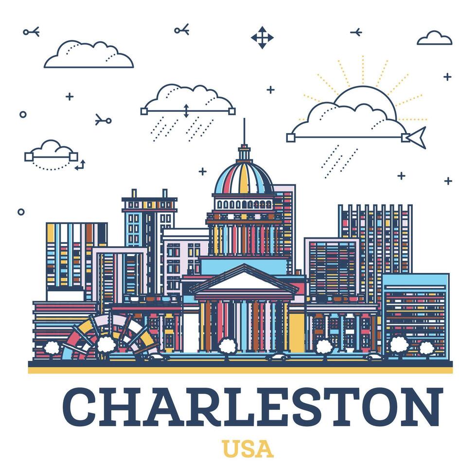 contorno charlestón Oeste Virginia Estados Unidos ciudad horizonte con de colores moderno edificios aislado en blanco. ilustración. charlestón paisaje urbano con puntos de referencia vector