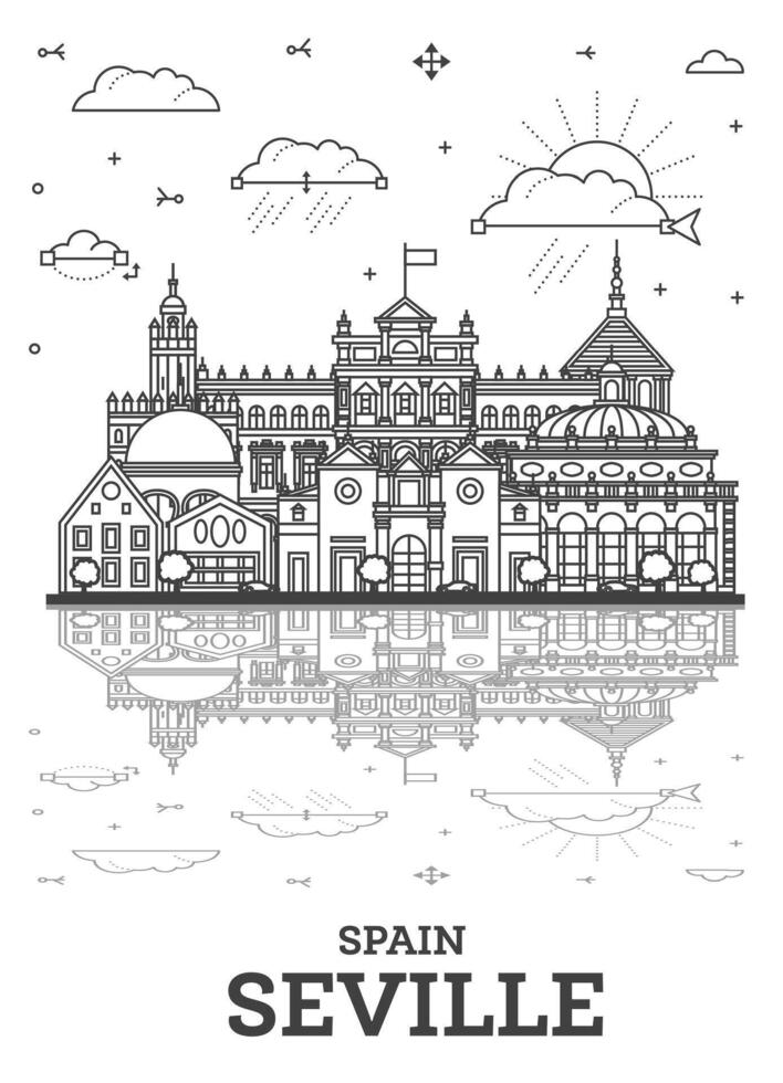 Outline Seville Spain City Skyline with Historic Buildings and reflections Isolated on White. Illustration. Seville Cityscape with Landmarks. vector