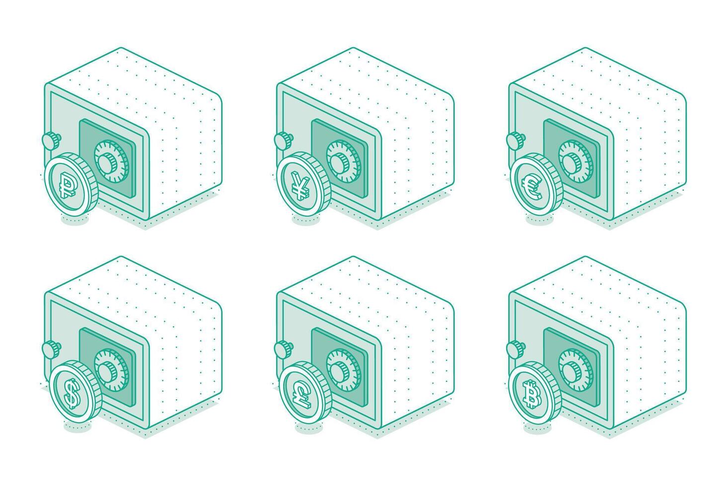 Collection of isometric safes with different coins. Outline object isolated on white background. Icon of security. vector