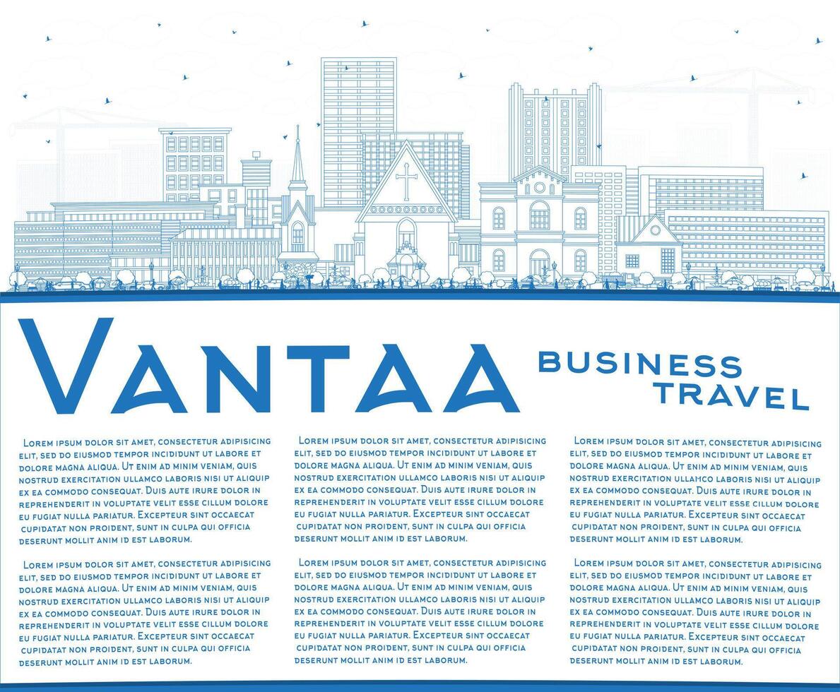 Outline Vantaa Finland city skyline with blue buildings and copy space. Vantaa cityscape with landmarks. Business travel and tourism concept with modern and historic architecture. vector