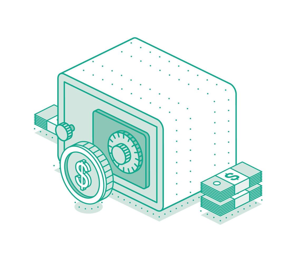 Isometric safe with dollar coin and stacks of american money. Outline object isolated on white background. Icon of investment. vector