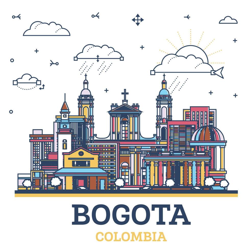 contorno bogota Colombia ciudad horizonte con de colores histórico edificios aislado en blanco. ilustración. bogota paisaje urbano con puntos de referencia vector