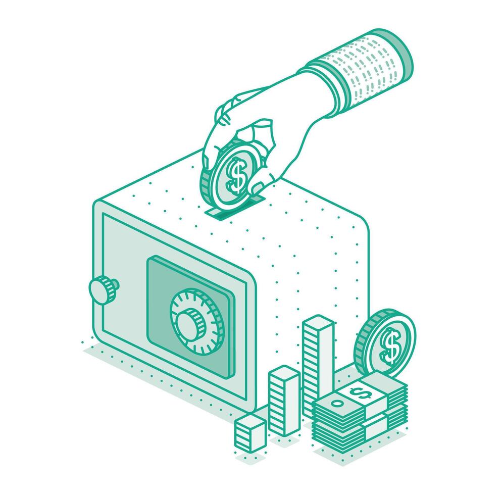 Hand puts money in safe. Isometric concept of savings money. Dollar coin. Stack of money. Outline object. Manage money and finance analytics. vector