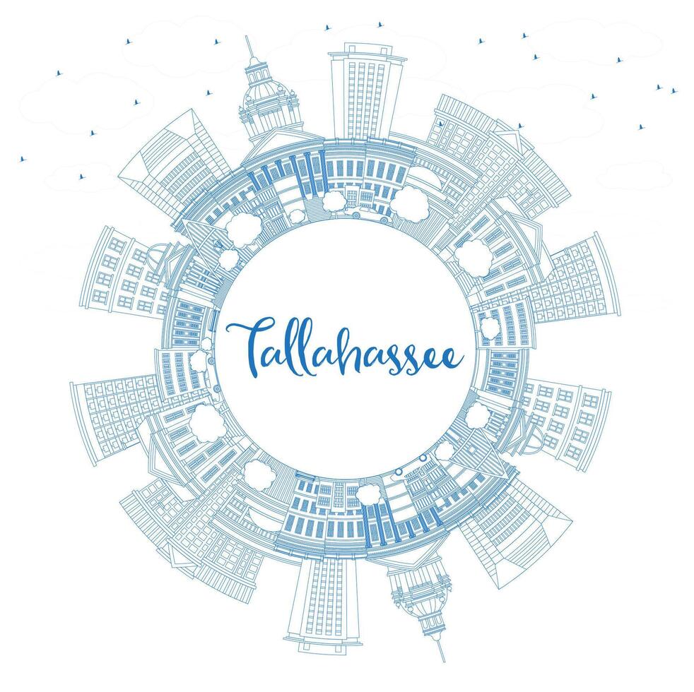 Outline Tallahassee Florida City Skyline with Blue Buildings and Copy Space. Tallahassee Cityscape with Landmarks. Business Travel and Tourism Concept with Modern Architecture. vector