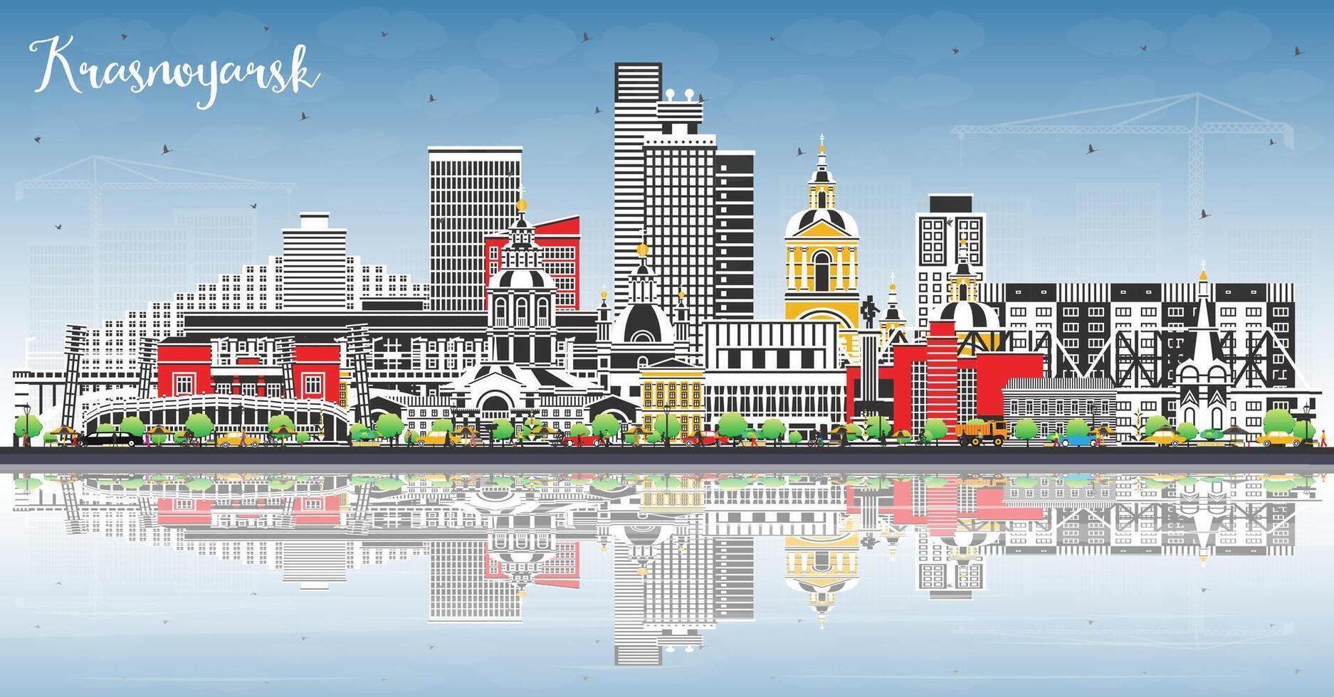 Krasnoyarsk Russia city skyline with color buildings, blue sky and reflections. Krasnoyarsk cityscape with landmarks. Tourism concept with modern and historic architecture. vector